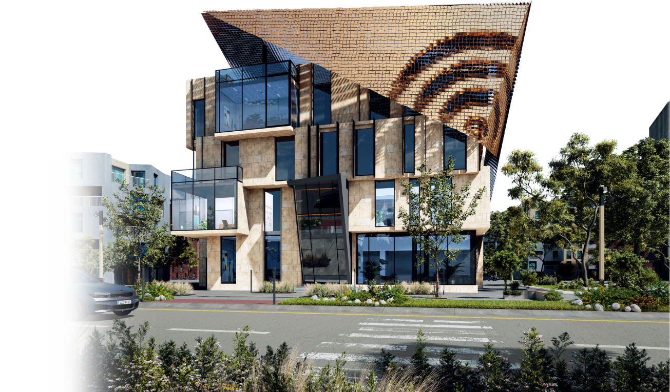 التصميم المعماري ثلاثي الأبعاد والواجهة الخارجية لصرح المصنع بالسادات